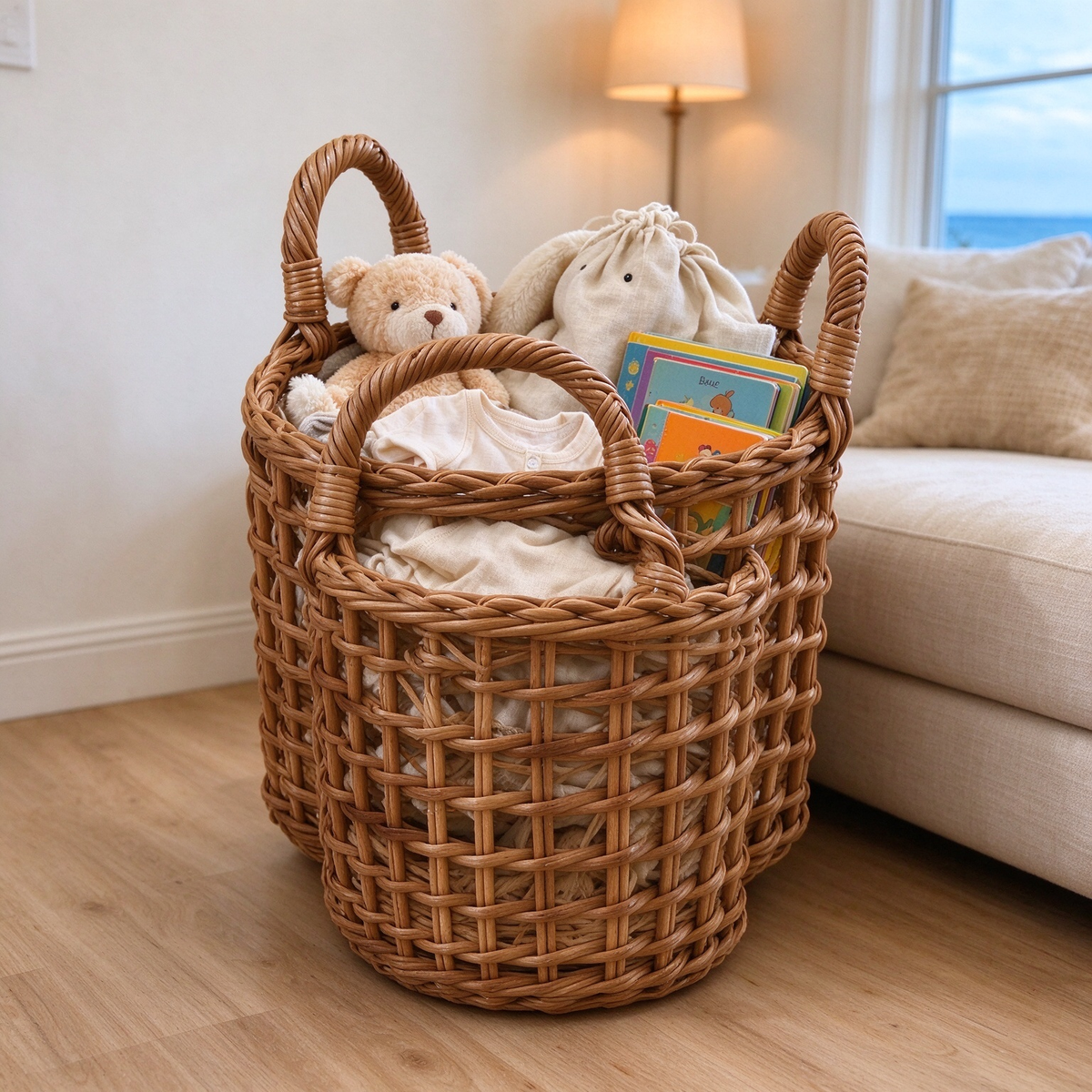 Cylindrical Openwork Rattan Storage Basket with Triple Handles