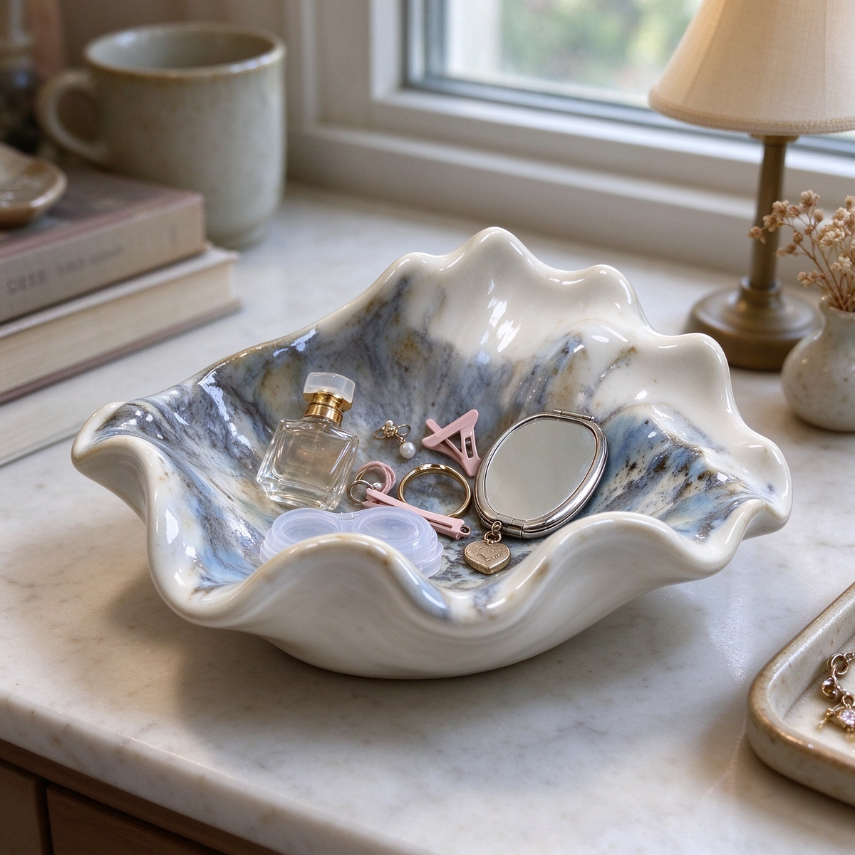 Petal Wave Blue-Gray Ceramic Trinket Bowl