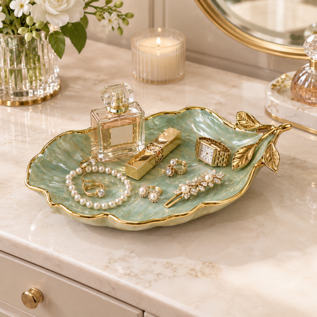 Gold Leaf Ceramic Trinket Tray