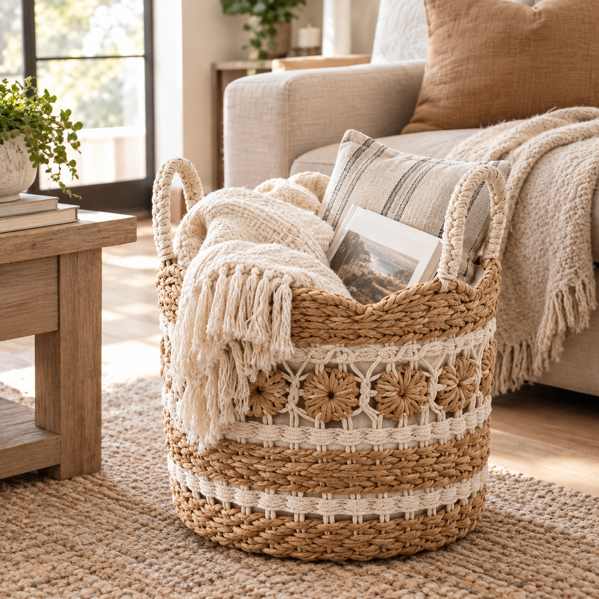 Floral Wave Woven Storage Basket with Flowers