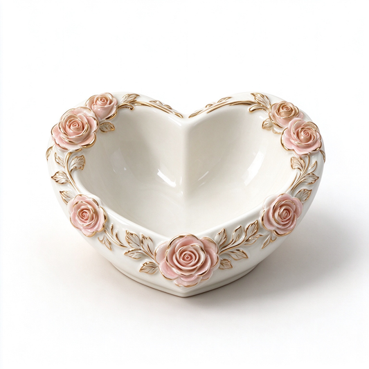 Heart Rose Ceramic Trinket Bowl with Gold Floral Accents