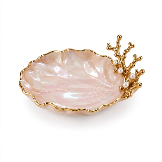 Seashell Ceramic Trinket Dish with Coral & Pearl