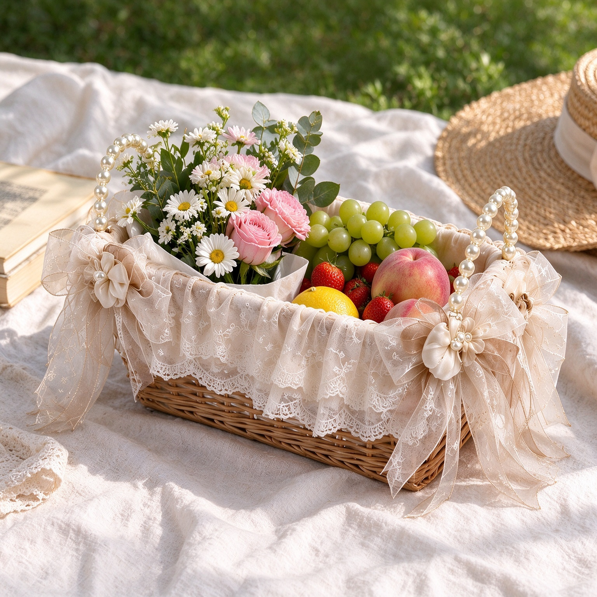 Pearl Handle Rattan Storage Basket with Lace & Flowers