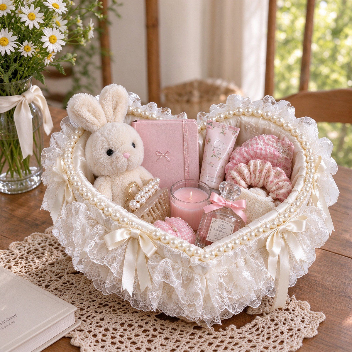 Heart Satin Basket with Pearls & Lace