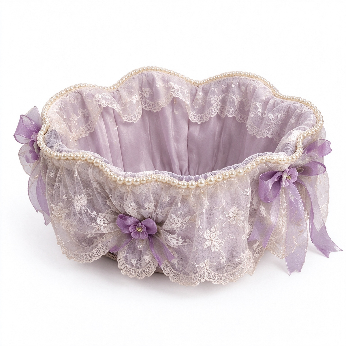 Heart Lavender Lace Basket with Pearls