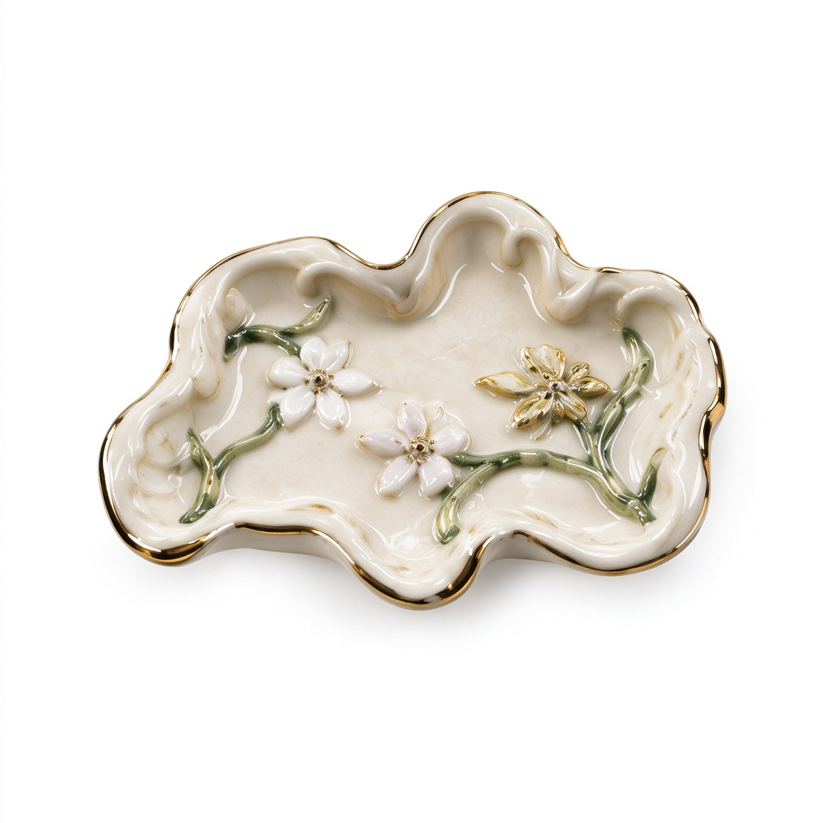 Cloud-Shaped Floral Ceramic Trinket Dish