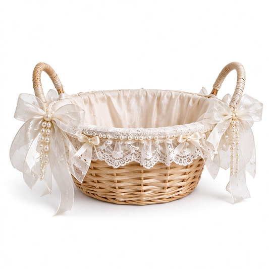 Flower Girl Rattan Basket with Lace & Tulle Bows