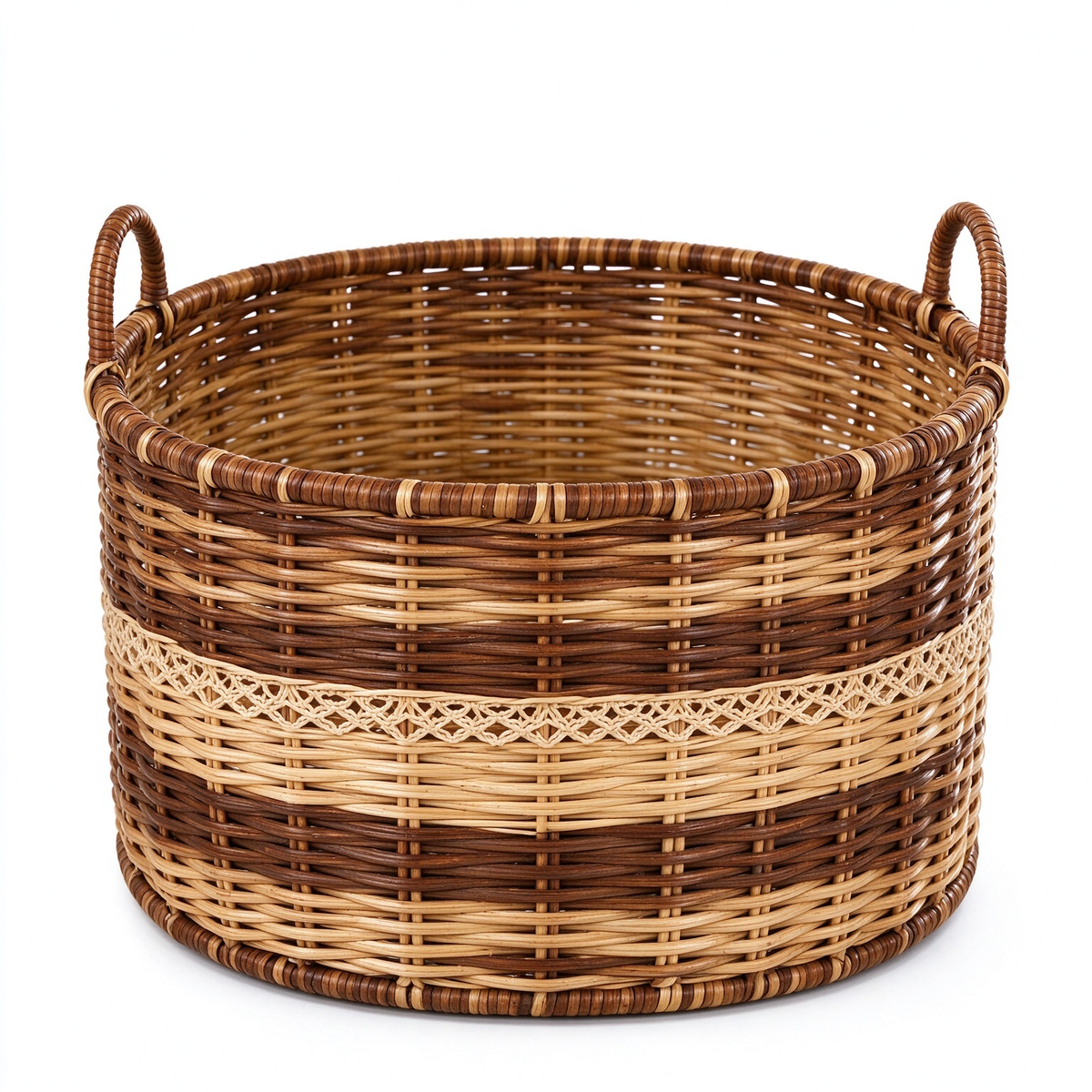 Round Two-Tone Rattan Storage Basket with Handles