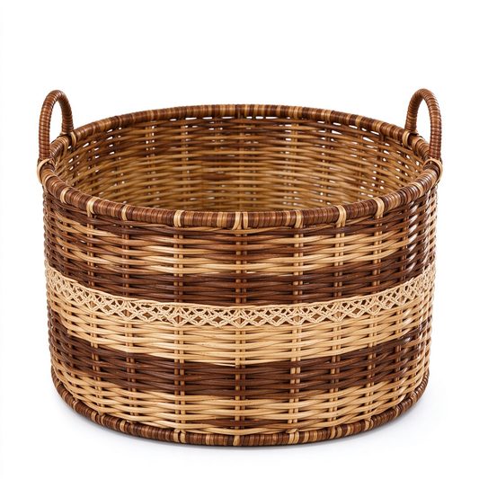 Round Two-Tone Rattan Storage Basket with Handles