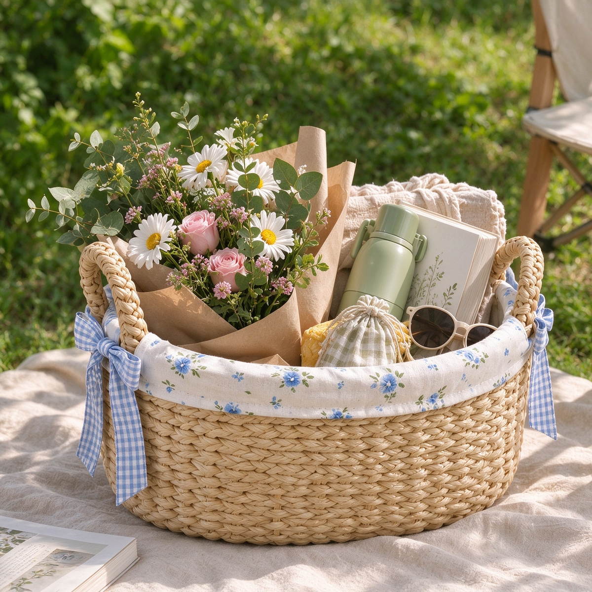Woven Storage Basket with Blue Floral Lining & Gingham Bow