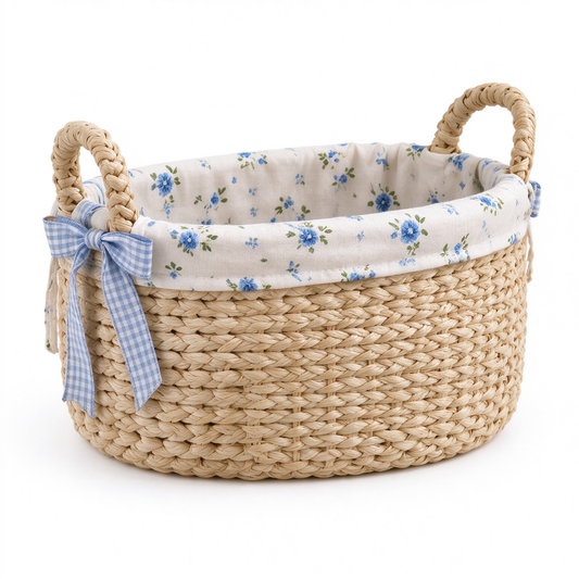 Woven Storage Basket with Blue Floral Lining & Gingham Bow
