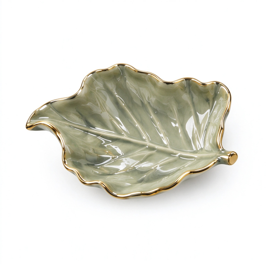 Sage Leaf Ceramic Trinket Tray with Gold Edge