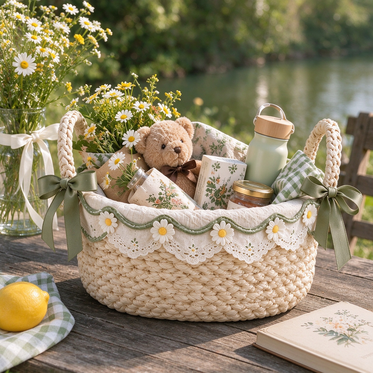 Woven Storage Basket with Daisy Embroidery & Olive Bow
