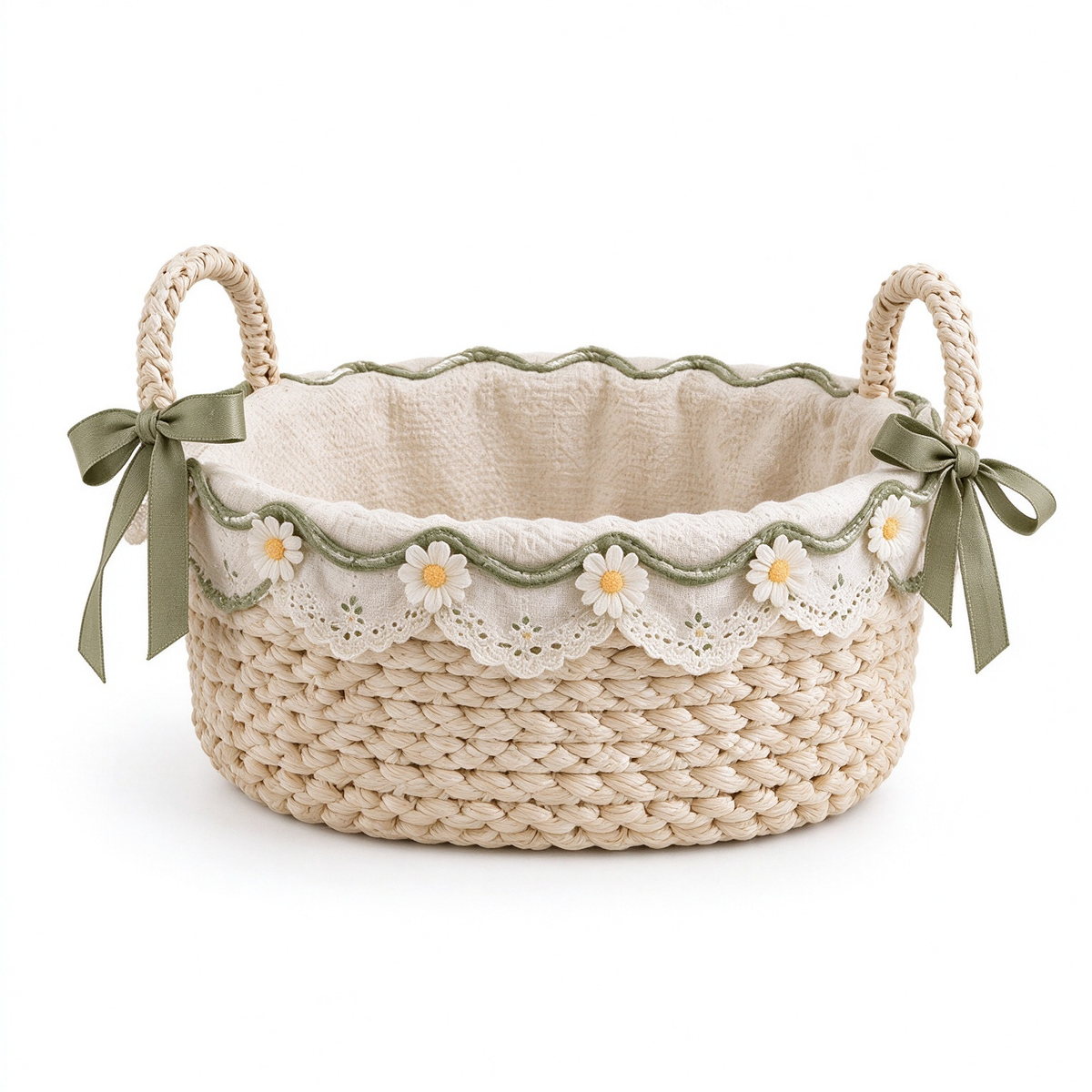 Woven Storage Basket with Daisy Embroidery & Olive Bow