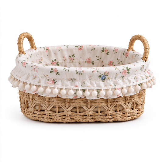 Rattan Storage Basket with Pink Floral Lining & Pom-Pom Fringe