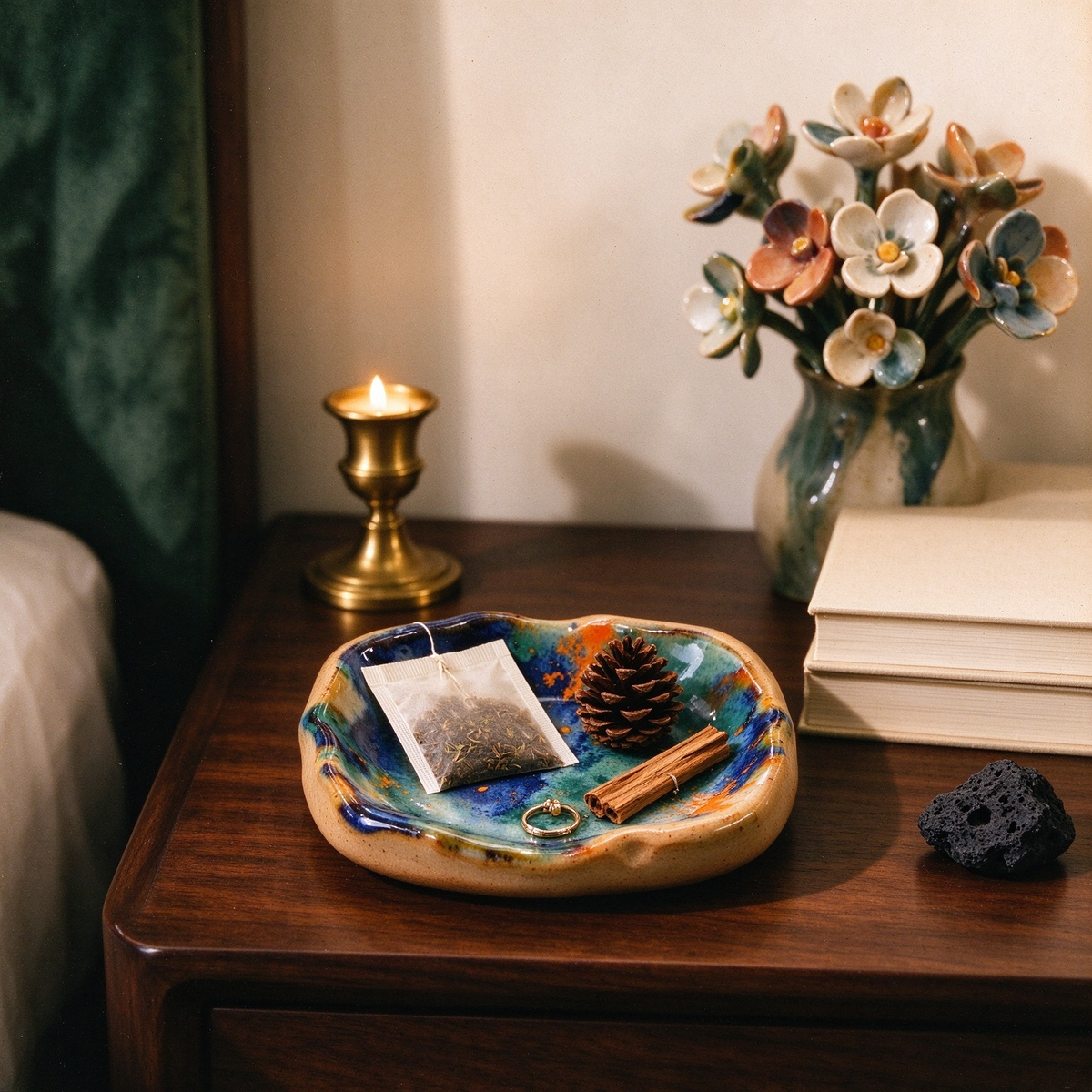 Handmade Blue-Green Glazed Ceramic Trinket Dish with Orange Speckles