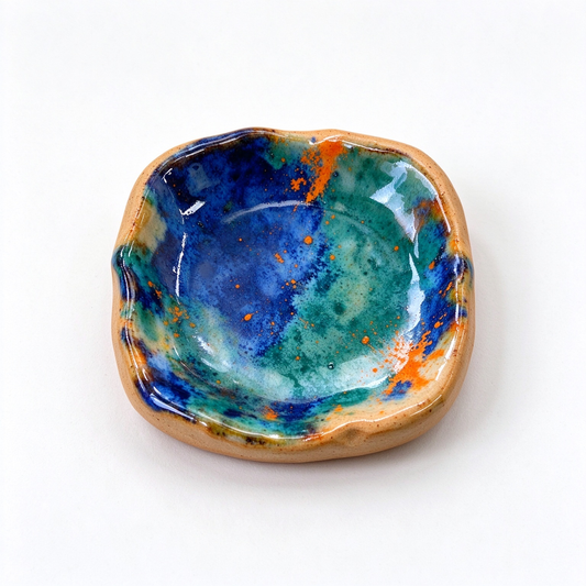Handmade Blue-Green Glazed Ceramic Trinket Dish with Orange Speckles