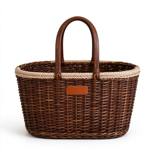 Brown Rattan Basket with Wooden Handles & Leather Tag