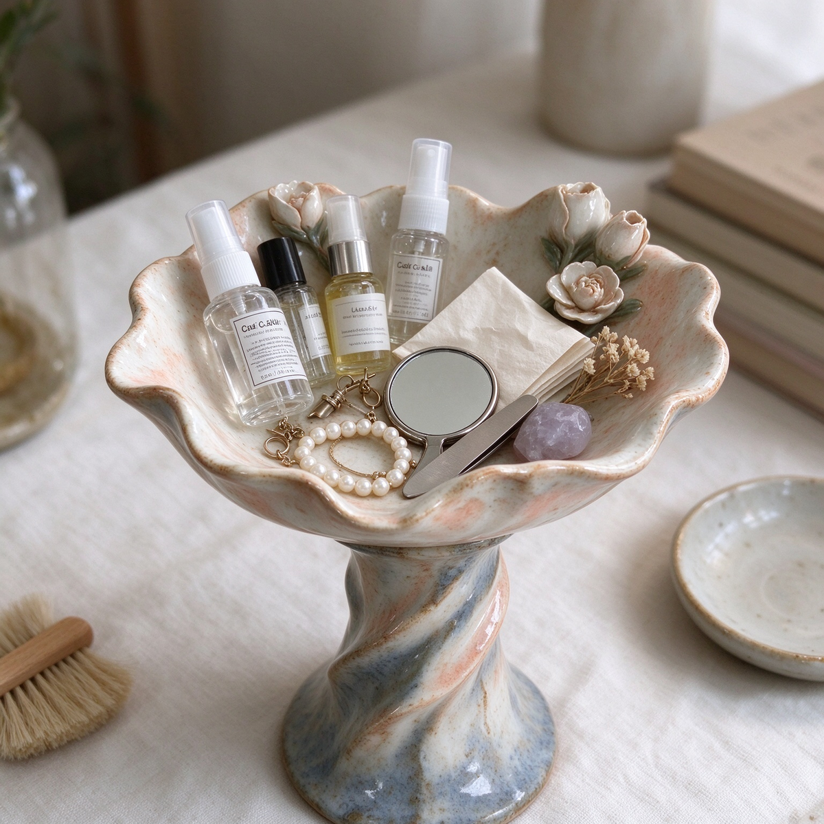 Handmade Pedestal Floral Ceramic Trinket Bowl