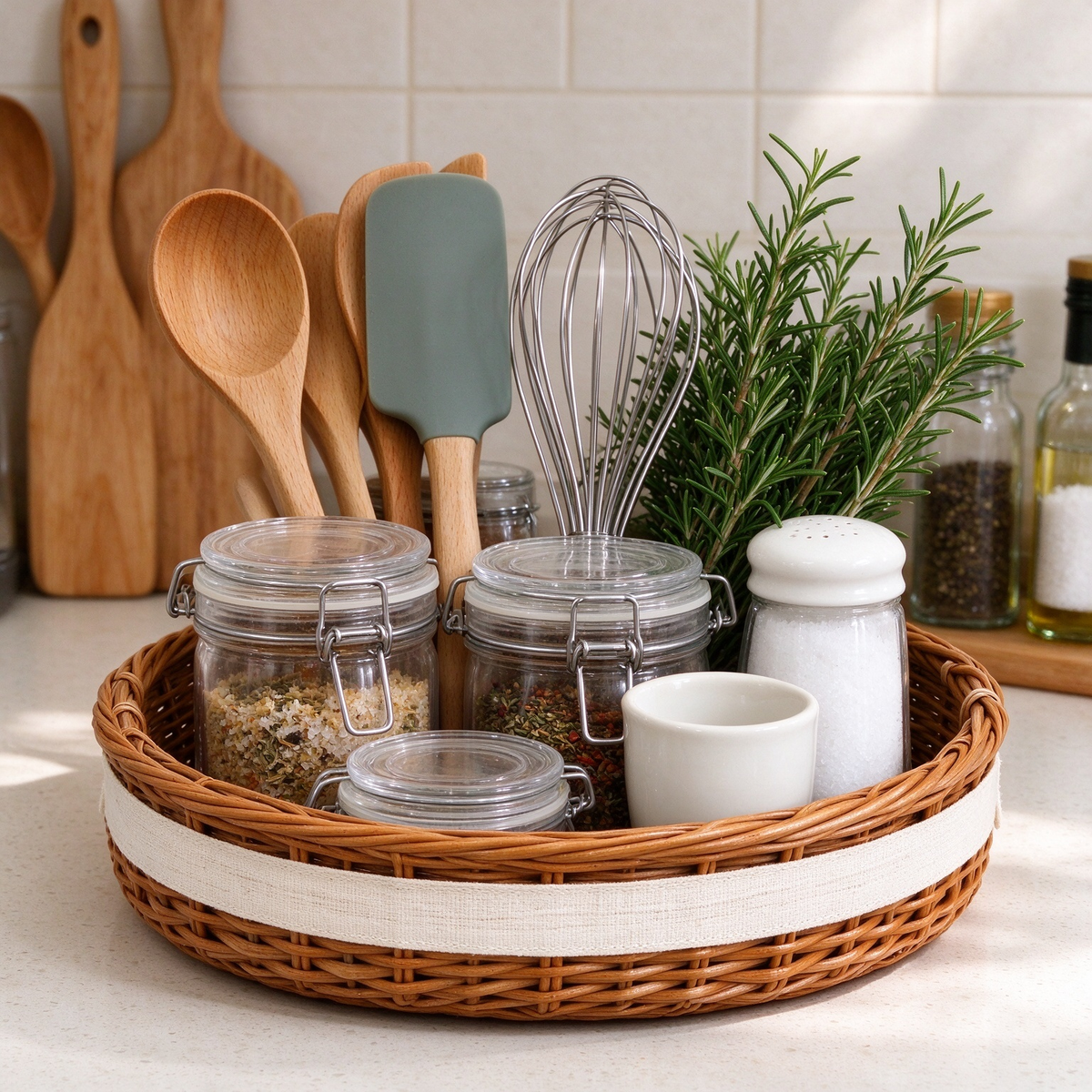 Oval Rattan Storage Basket with Fabric Band