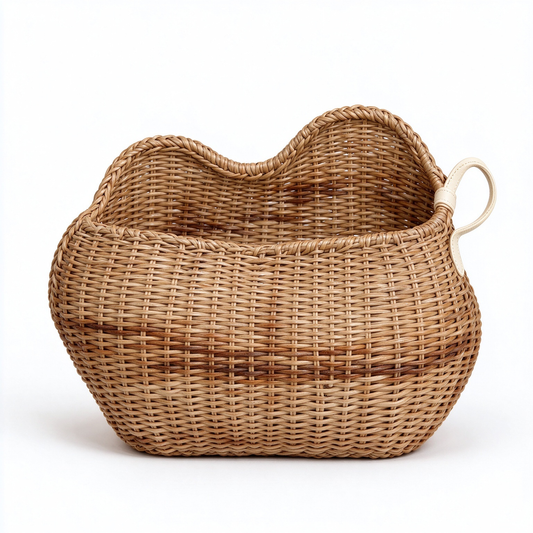Wavy Edge Rattan Storage Basket with Leather Loop Handle