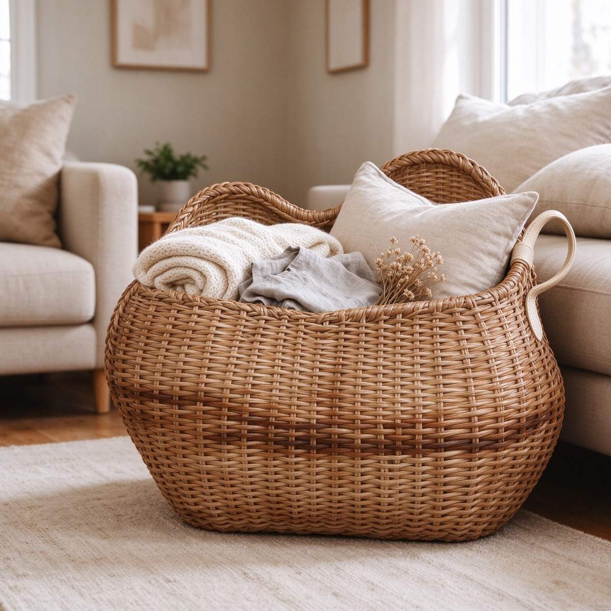 Wavy Edge Rattan Storage Basket with Leather Loop Handle