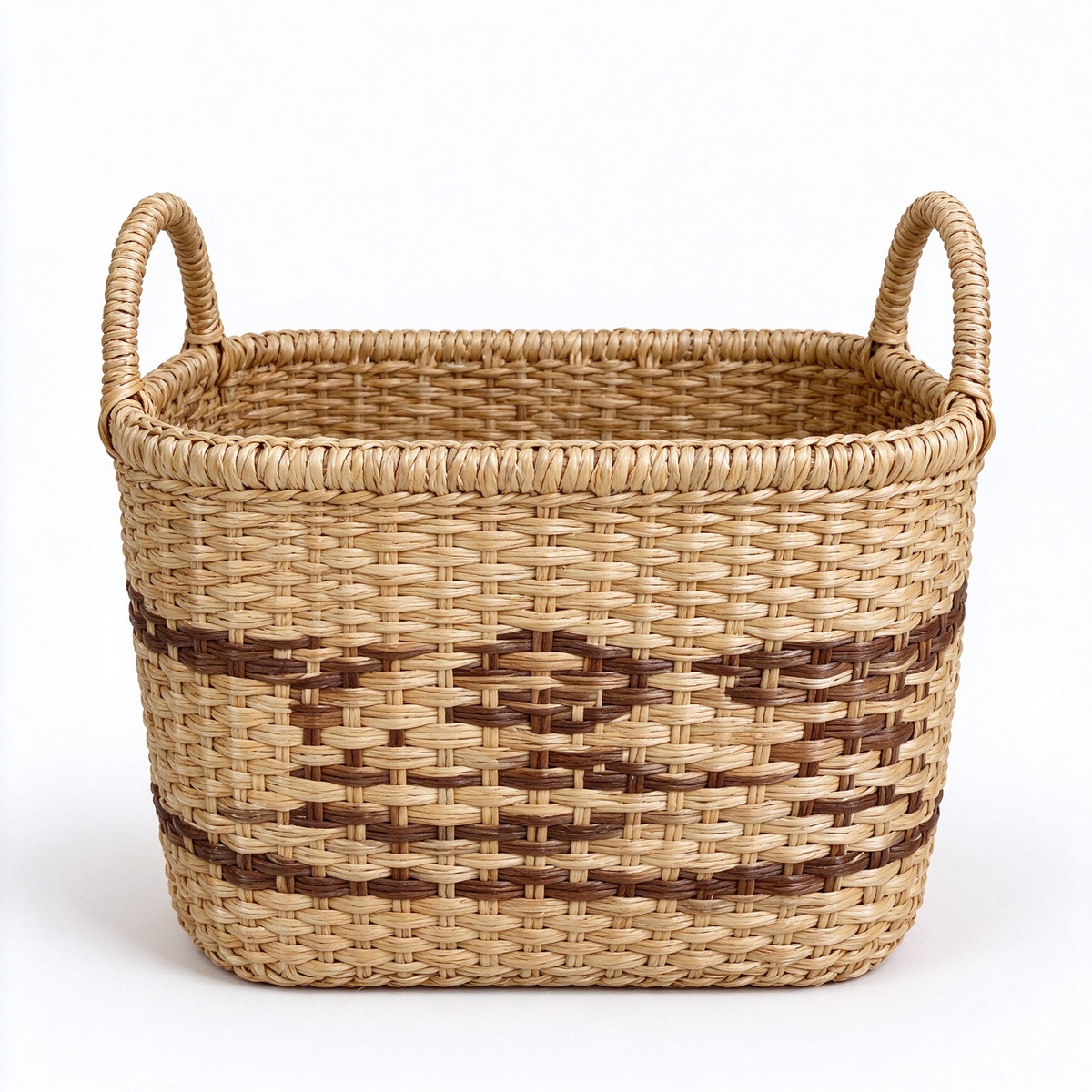 Square Rattan Storage Basket with Geometric Weave Band