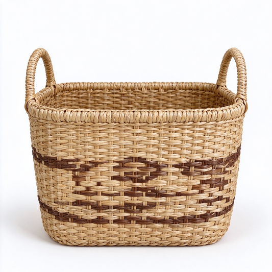 Square Rattan Storage Basket with Geometric Weave Band