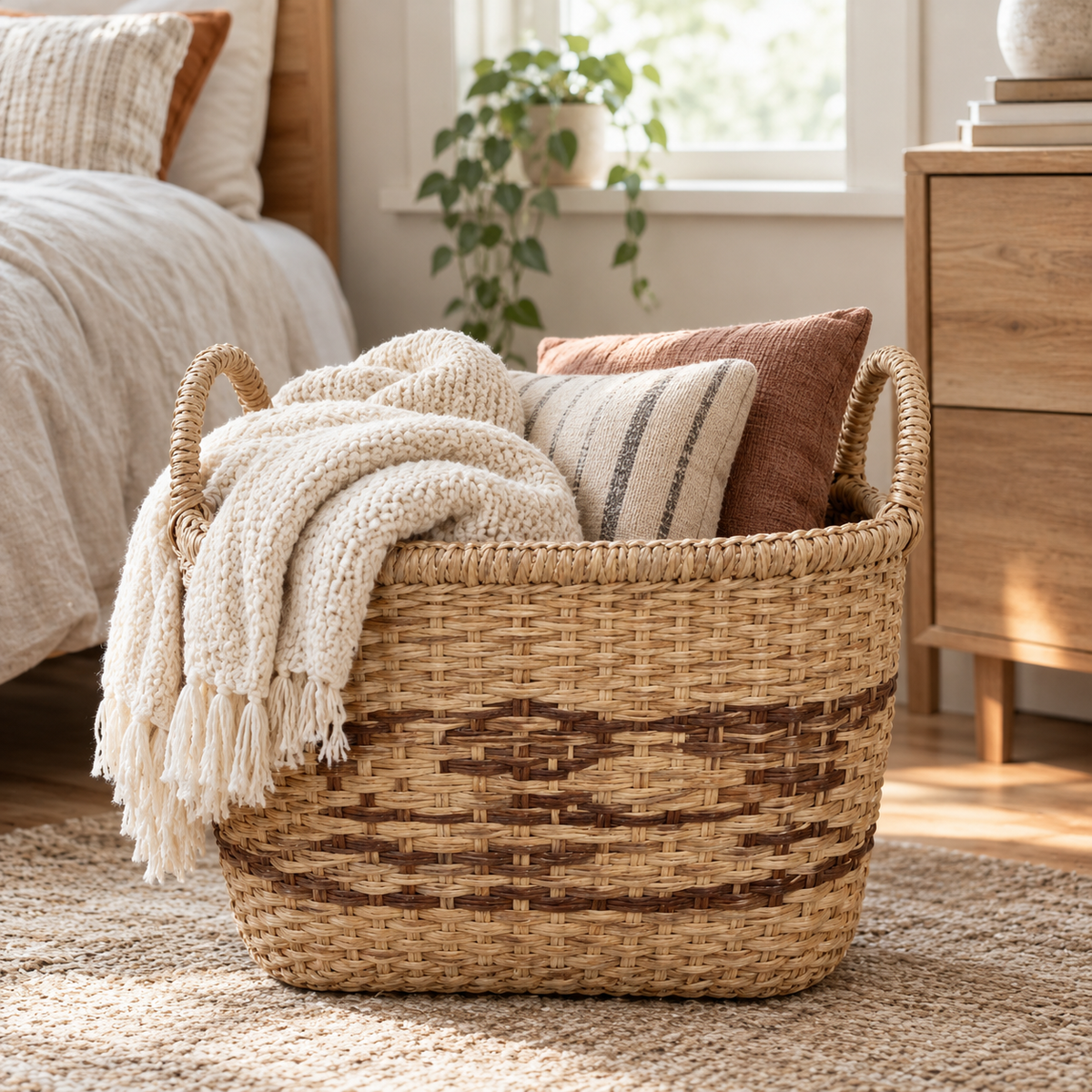 Square Rattan Storage Basket with Geometric Weave Band