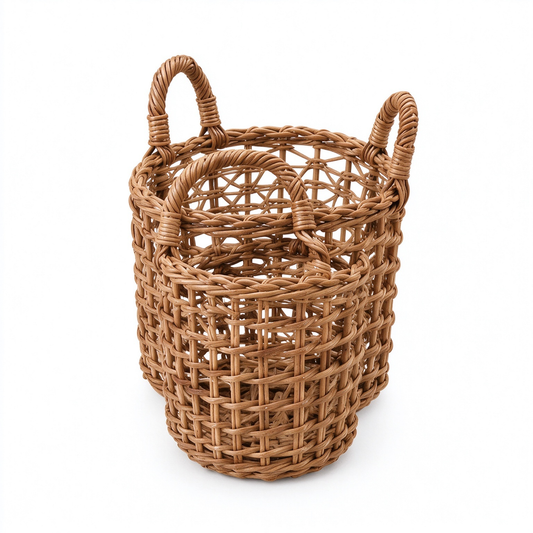 Cylindrical Openwork Rattan Storage Basket with Triple Handles
