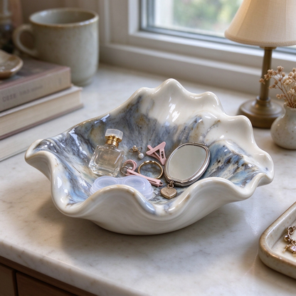 Petal Wave Blue-Gray Ceramic Trinket Bowl