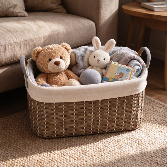 Square Woven Storage Basket with Fabric Handles