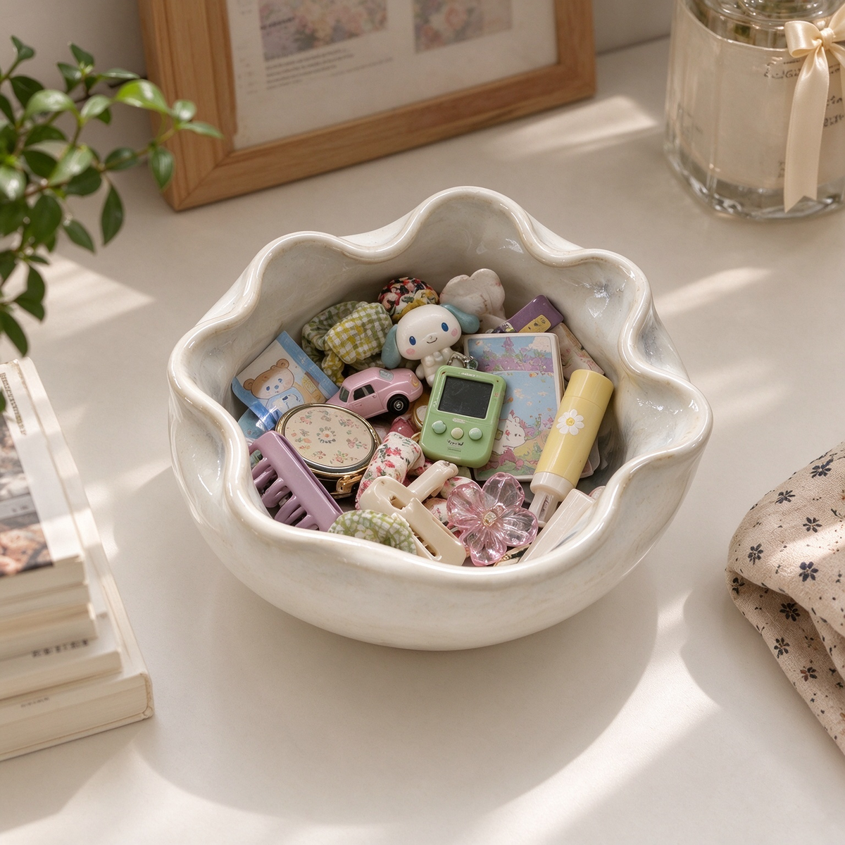 Cloud Marble Ceramic Trinket Bowl with Petal Rim