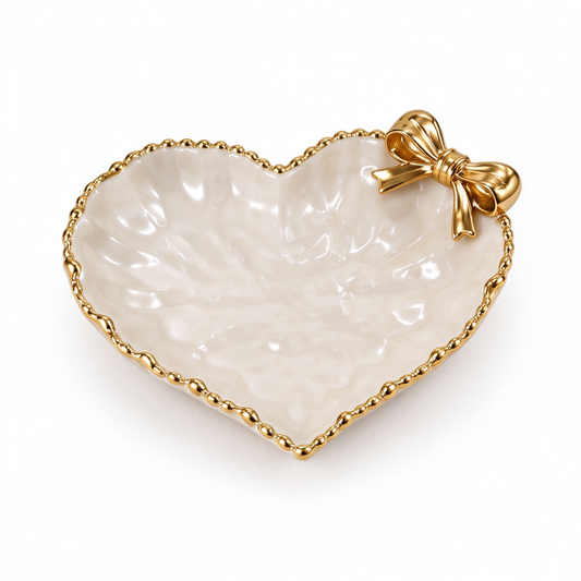 Heart Ceramic Trinket Dish with Gold Bow