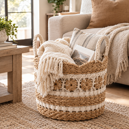 Floral Wave Woven Storage Basket with Flowers