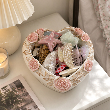 Heart Rose Ceramic Trinket Bowl with Gold Floral Accents