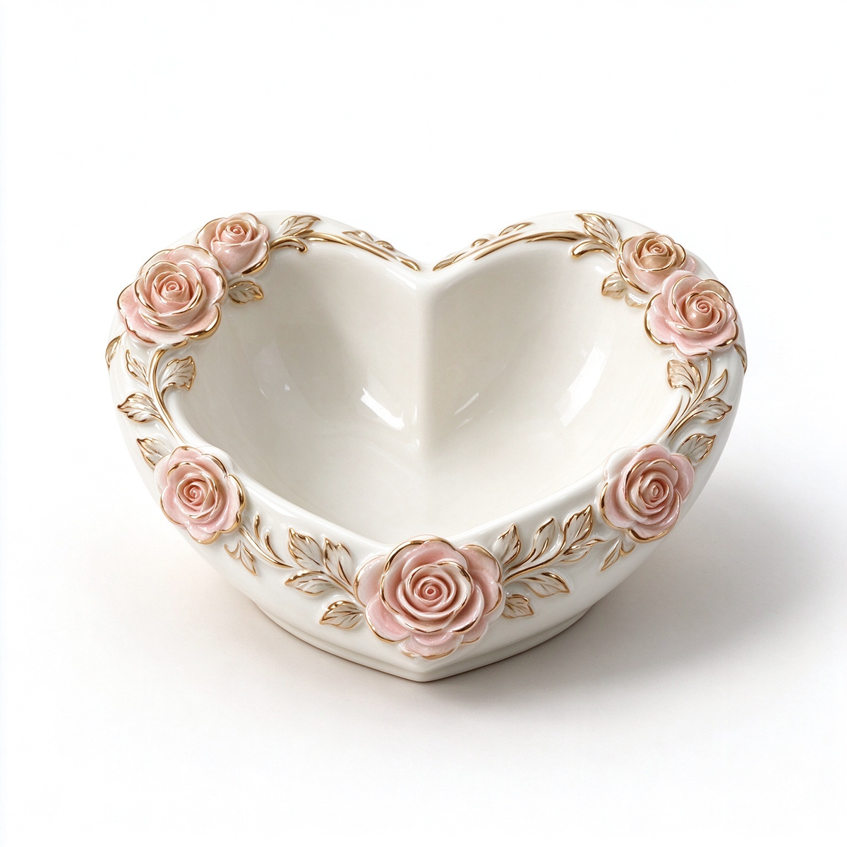 Heart Rose Ceramic Trinket Bowl with Gold Floral Accents