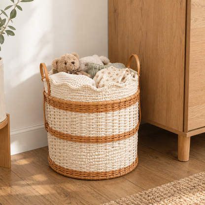 Cylindrical Woven Storage Basket with Rattan Rings