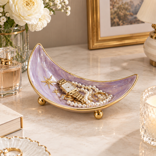 Crescent Moon Ceramic Trinket Dish with Gold Stars