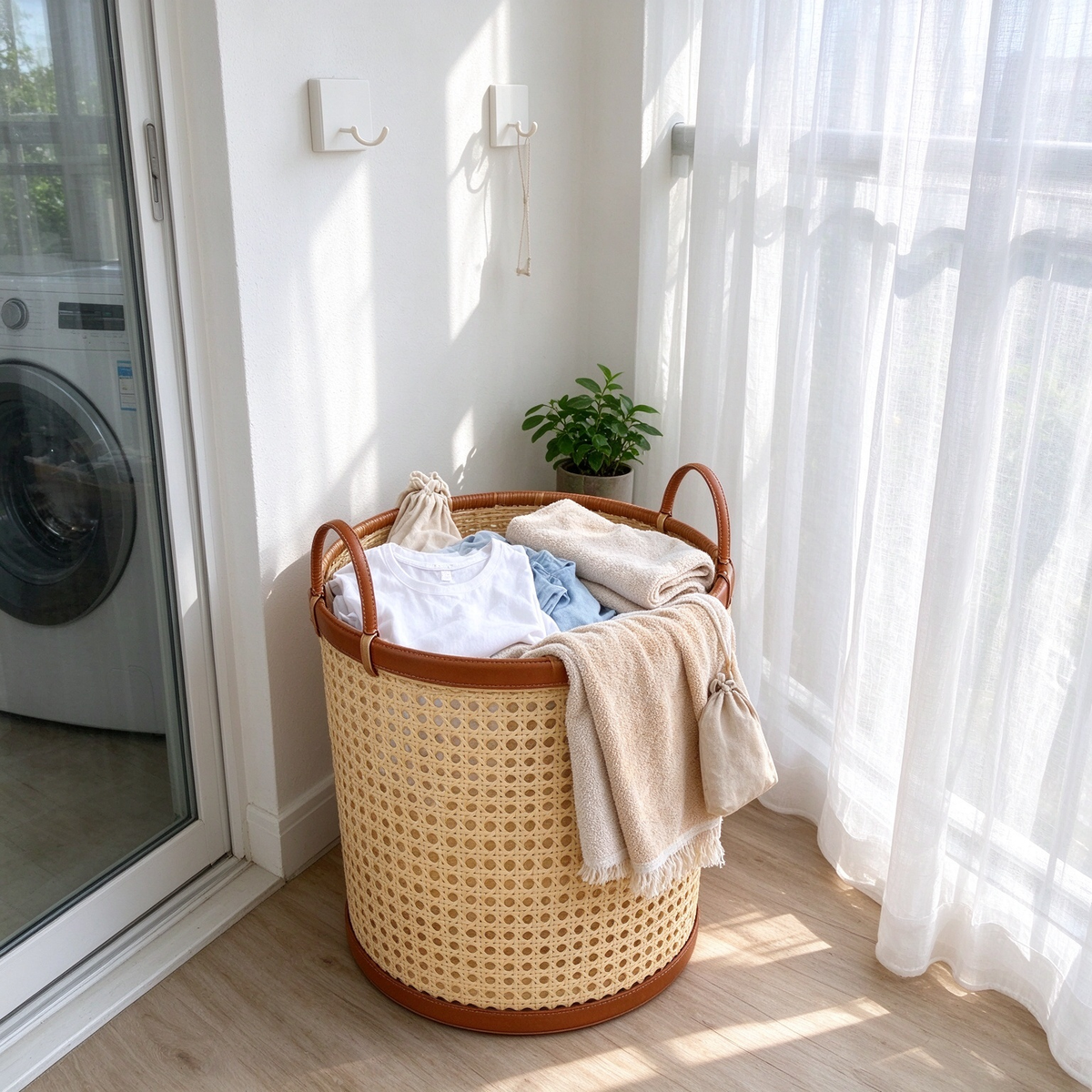 Cylindrical Openwork Rattan Basket with Leather Trim