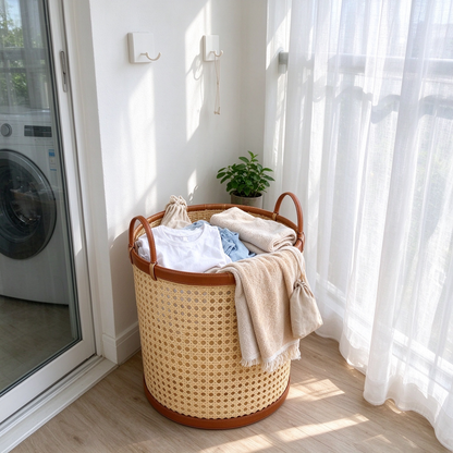 Cylindrical Openwork Rattan Basket with Leather Trim