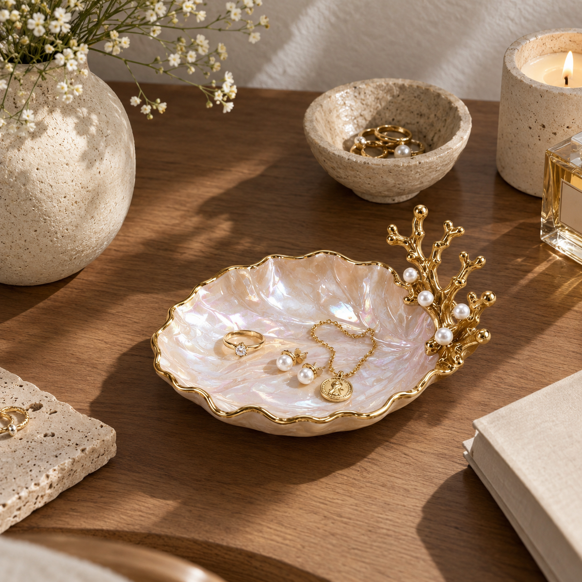 Seashell Ceramic Trinket Dish with Coral & Pearl