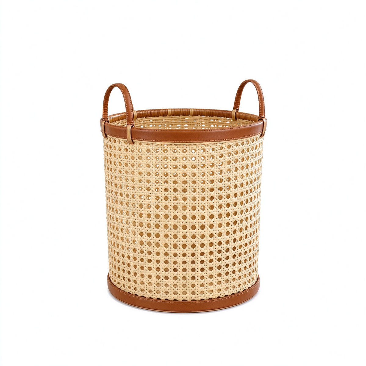 Cylindrical Openwork Rattan Basket with Leather Trim