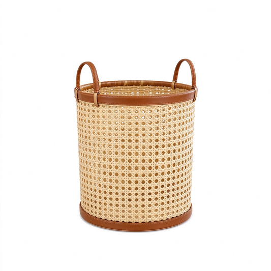 Cylindrical Openwork Rattan Basket with Leather Trim