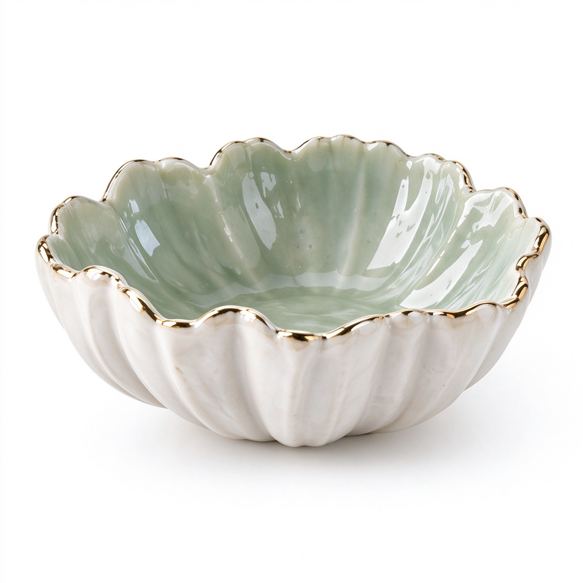 Mint Petal Ceramic Trinket Bowl with Gold Rim