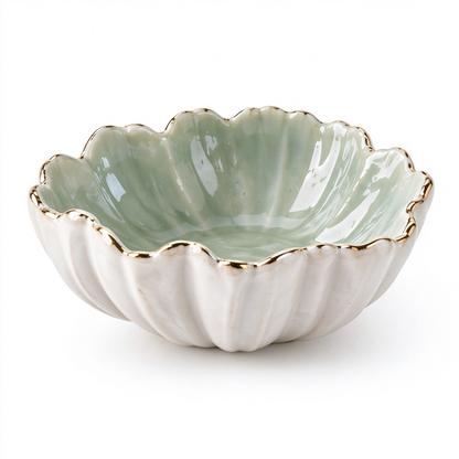 Mint Petal Ceramic Trinket Bowl with Gold Rim