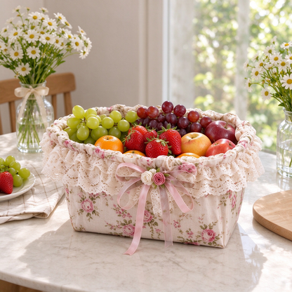 Rose Floral Fabric Storage Basket with Lace & Bow