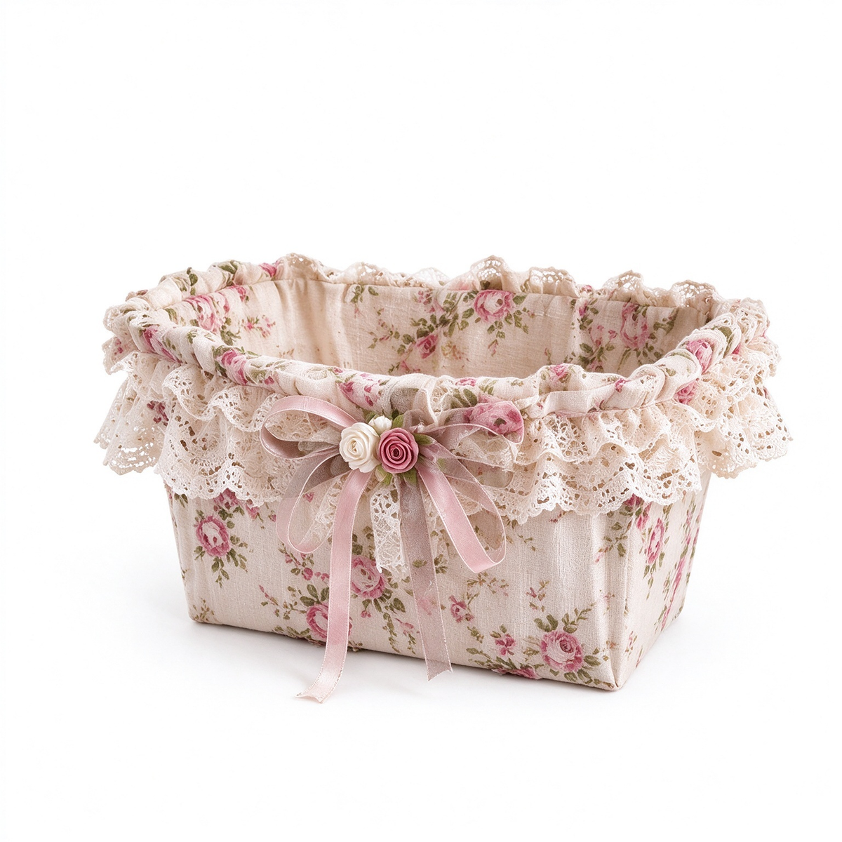 Rose Floral Fabric Storage Basket with Lace & Bow