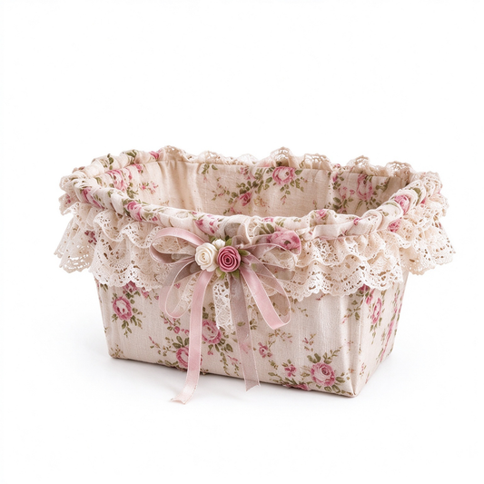 Rose Floral Fabric Storage Basket with Lace & Bow