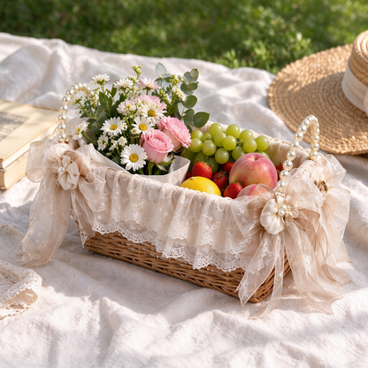 Pearl Handle Rattan Storage Basket with Lace & Flowers